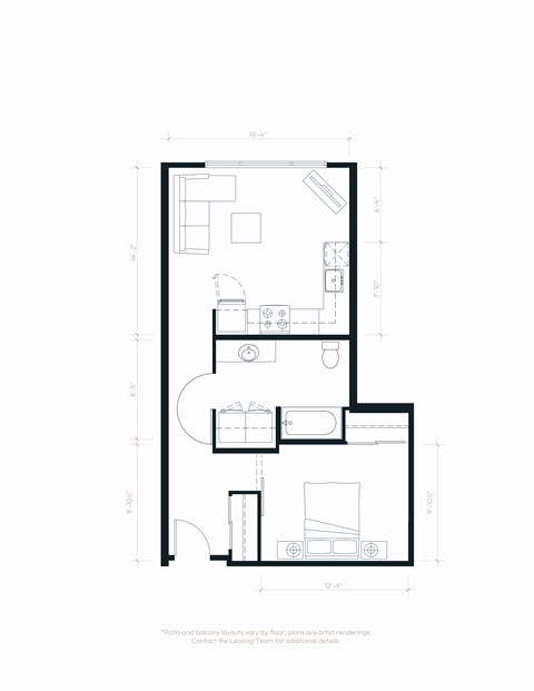 Floor plan for 1 bed, 1 bath, 595 sqft